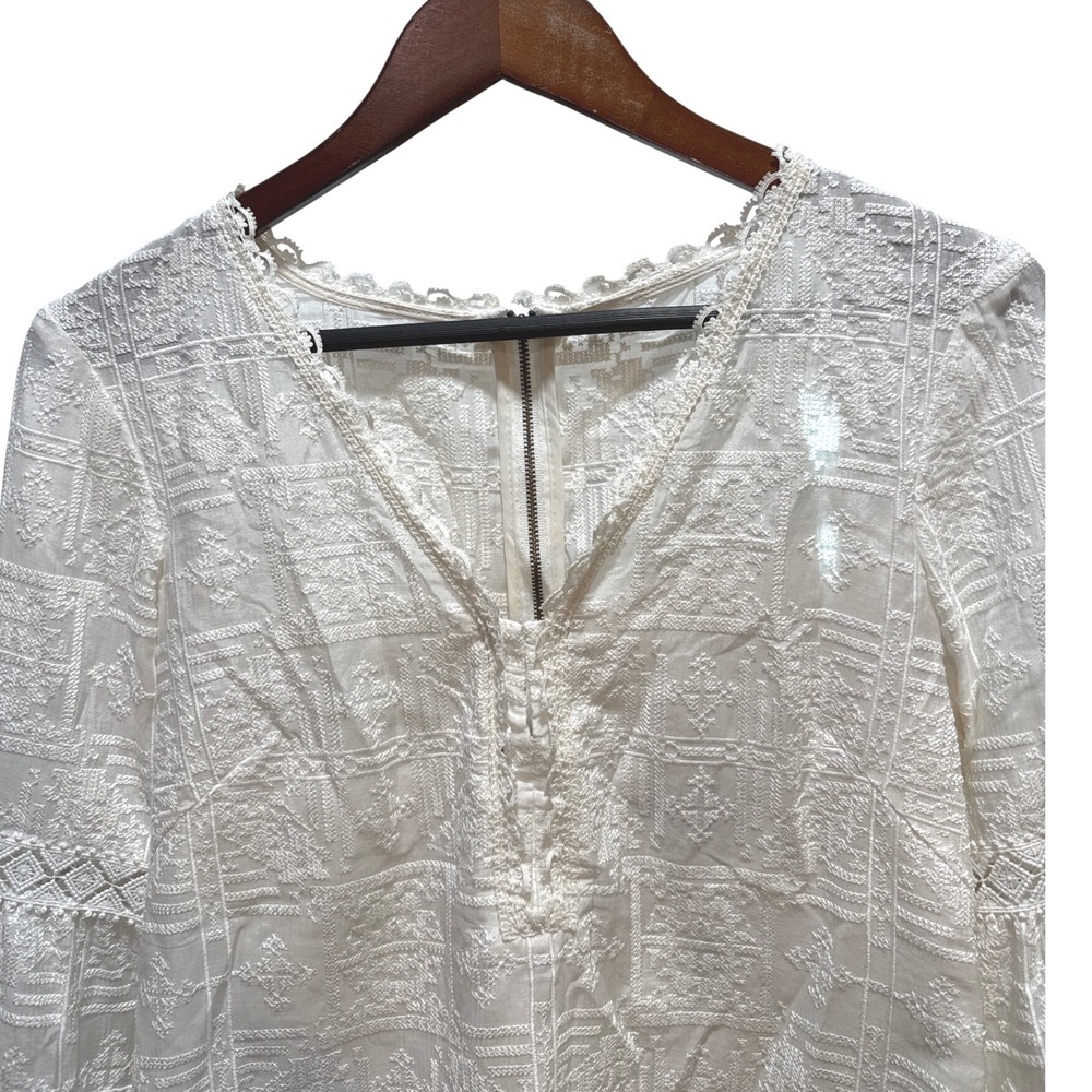 Nanette Lepore White Lace Bell Sleeve V Neck Button Up Blouse Top‎ Size 4 - Picture 3 of 7